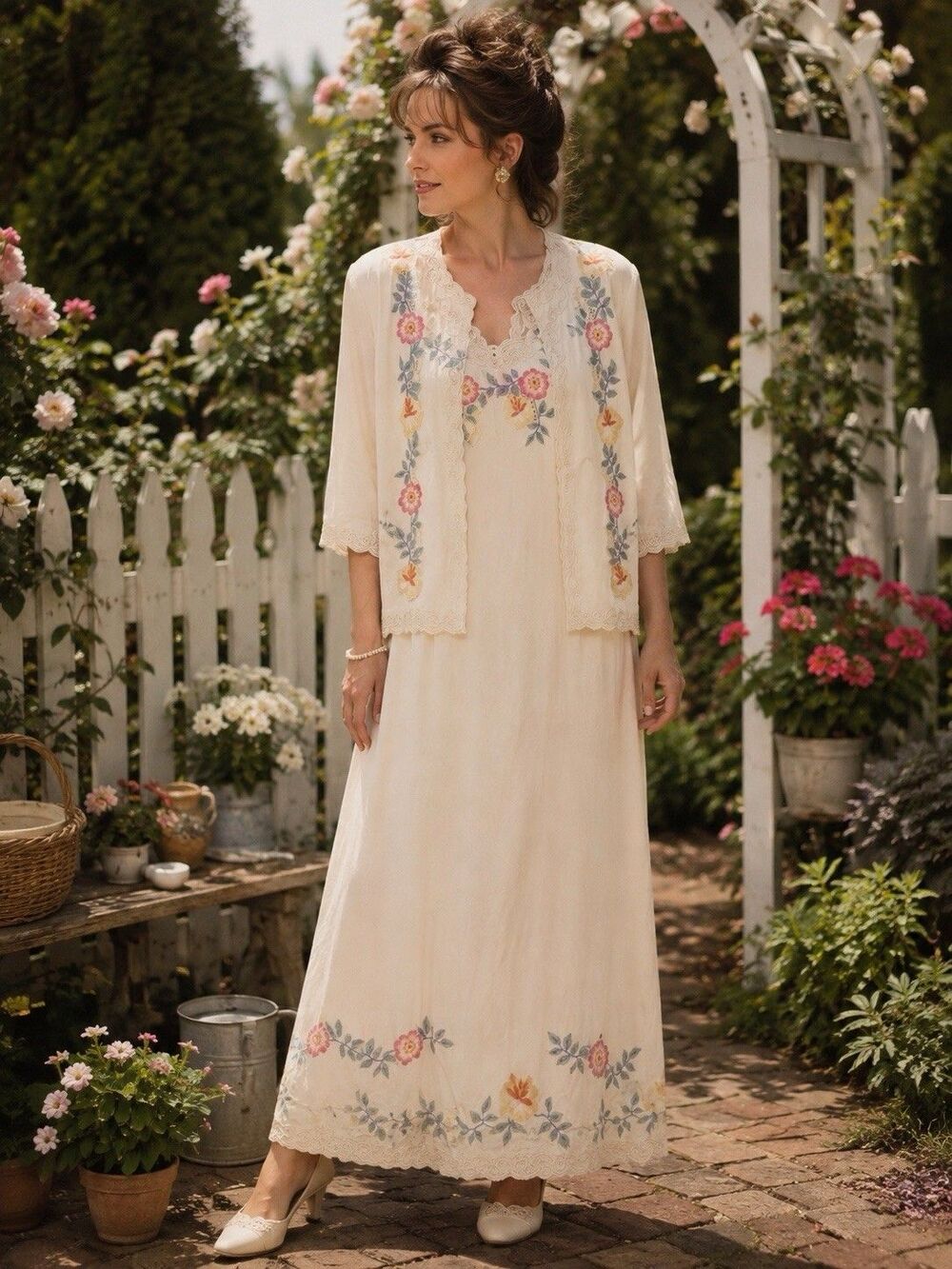 Midnight Velvet XL Embroidered Rayon Maxi Dress & Jacket 2 Pc Boho Cottage Vtg